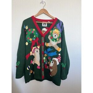 Storybook Knit VTG 3D Teddy Bear Christmas Knit Cardigan Novelty Sweater Grandma